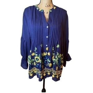 NWOT Figueroa & Flower Navy Embroidered Blouse Size XL